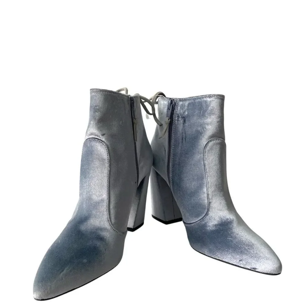 Stuart Weitzman Grandy Silver Bluish Steel Pane Velvet Ankle Boots Size 6.5M